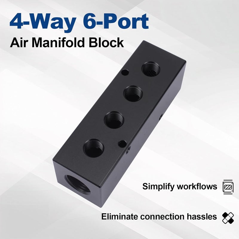 MARSTEK Air Manifold, Air Compressor Manifold, Aluminum Air Hose Inline Manifold Block Splitter, Pneumatic Manifold Air Distribution Block, NPT 1/2 Inch Supply Port, NPT 1/4 Inch Output Port (4 Way 6 Port) - Image 2